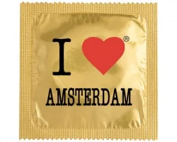 Kondom med texten I Love Amsterdam på förpackningen,